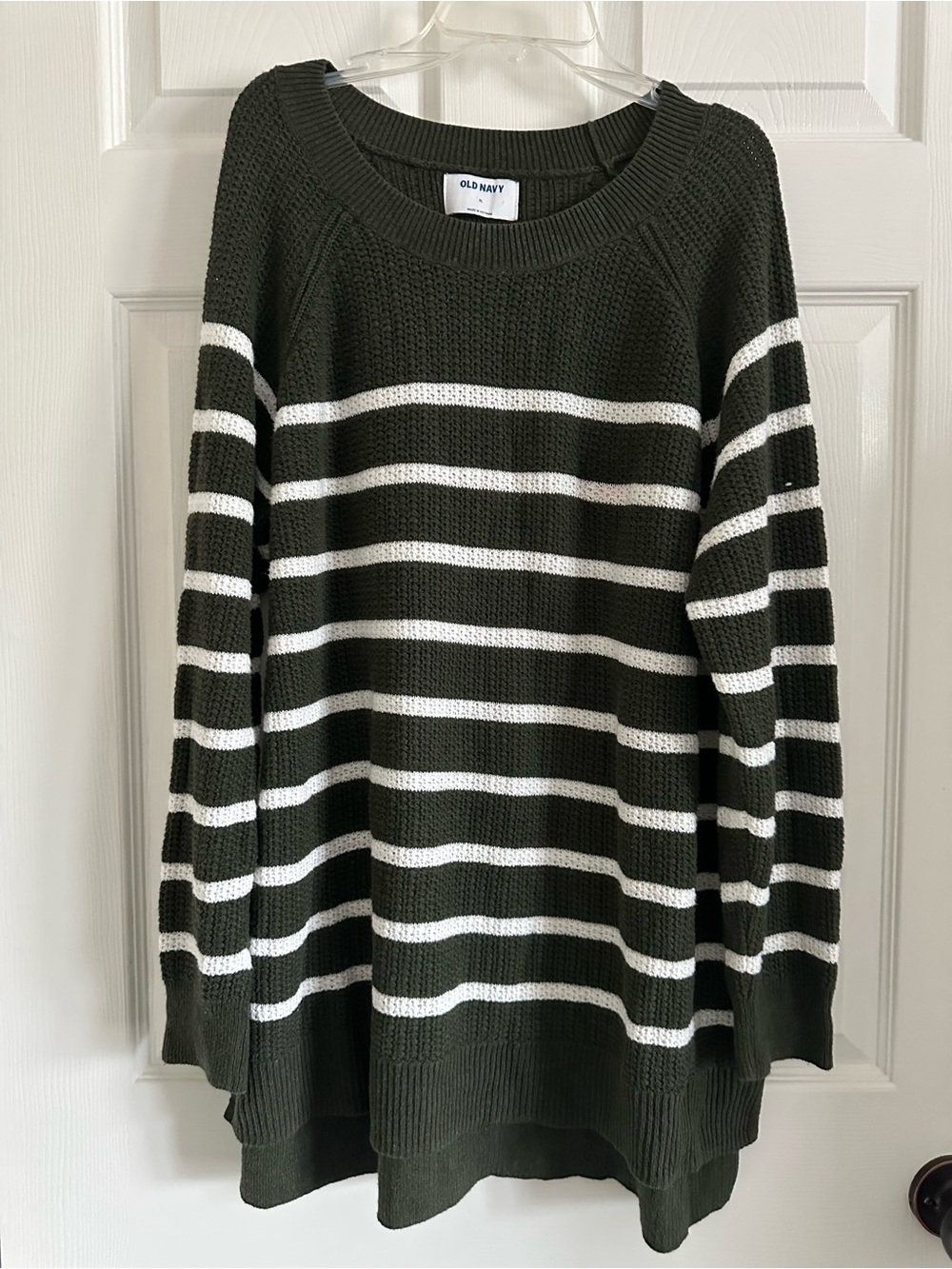 Old Navy Olive Green and White Striped Crewneck Sweater
